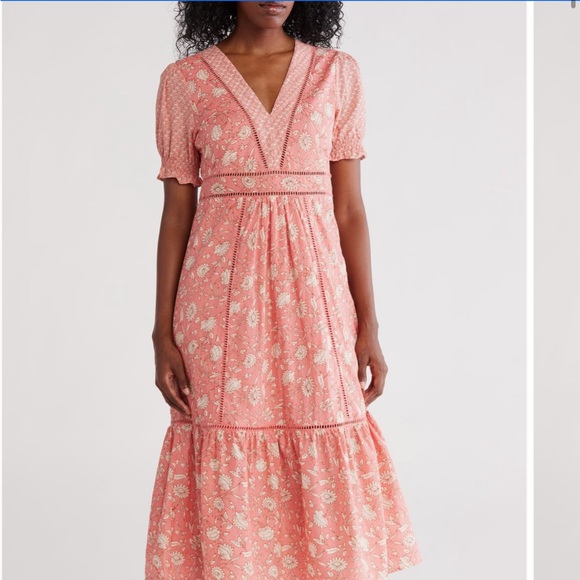 Maisie Dresses & Skirts - Maisie Puff Sleeve -Coral Midi Dress with Crochet Trim- NWT!